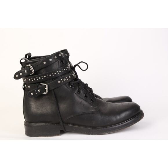 MAJE Black Leather Combat Moto Studded Lace Up Boots Booties Size 39 - Picture 10 of 13